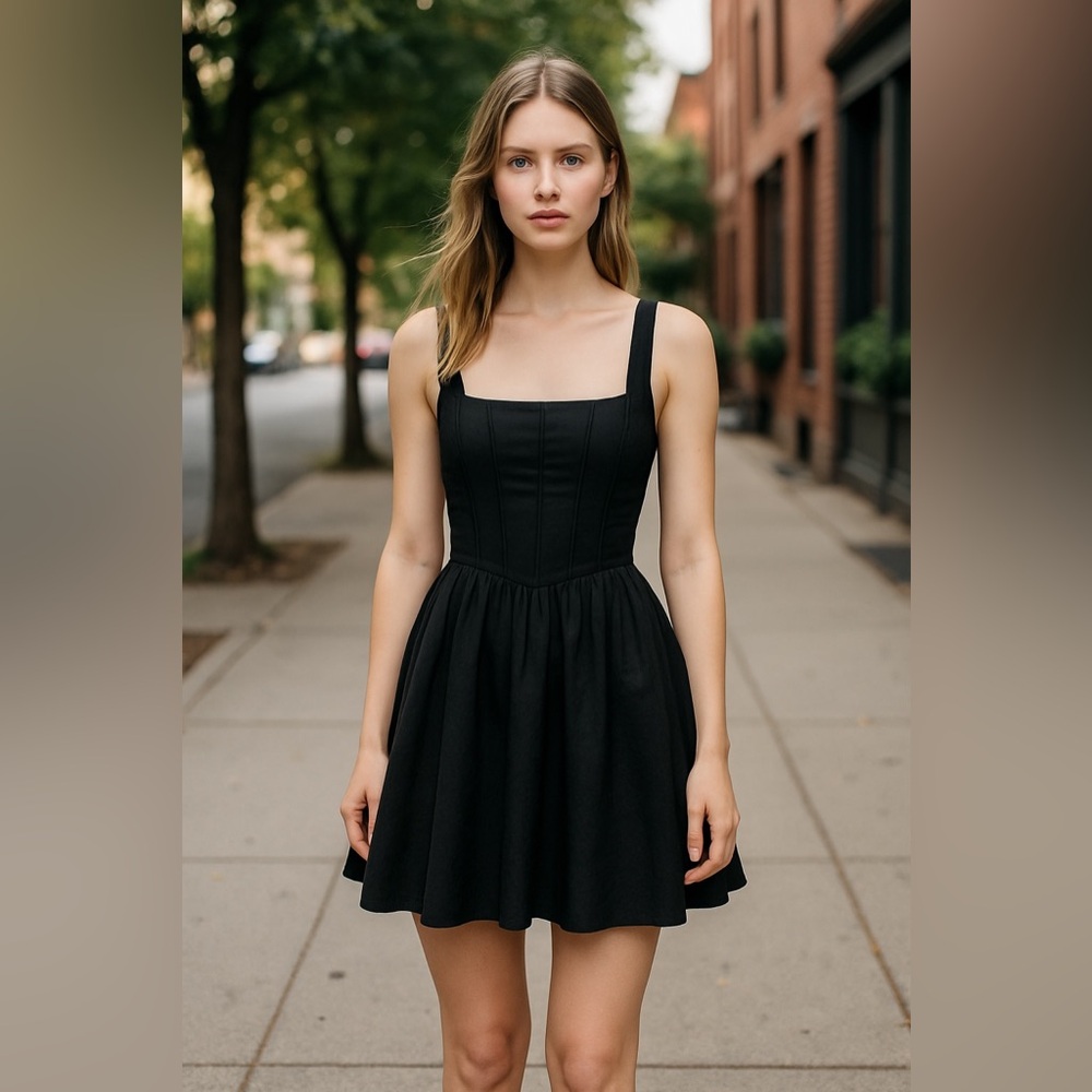 Kiss the Sky Corset Style Adjustable Tie Back  Black Sleeveless Mini  Dress